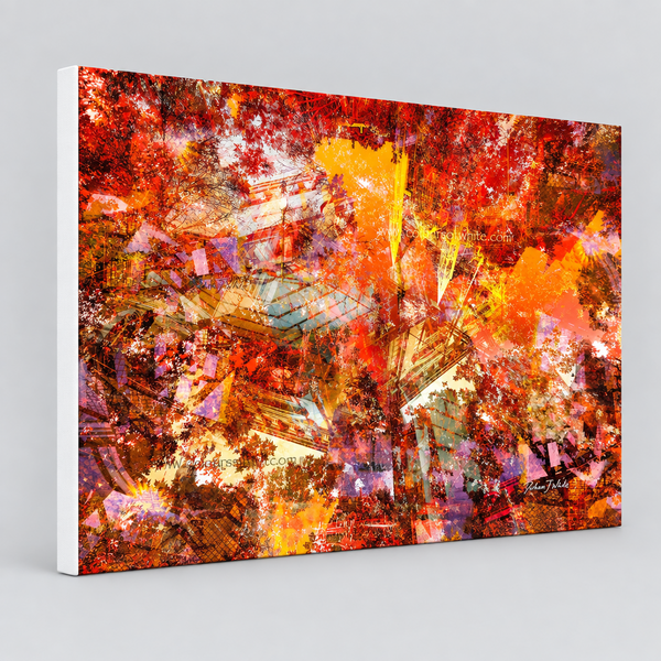 “Falling Deeper Into Autumn’s Reds” Archival canvas print by Durham J White, featuring a layered photographic artwork of Bendigo's historic streetscape in deep autumn reds, burnt oranges, and monochrome architectural lines.