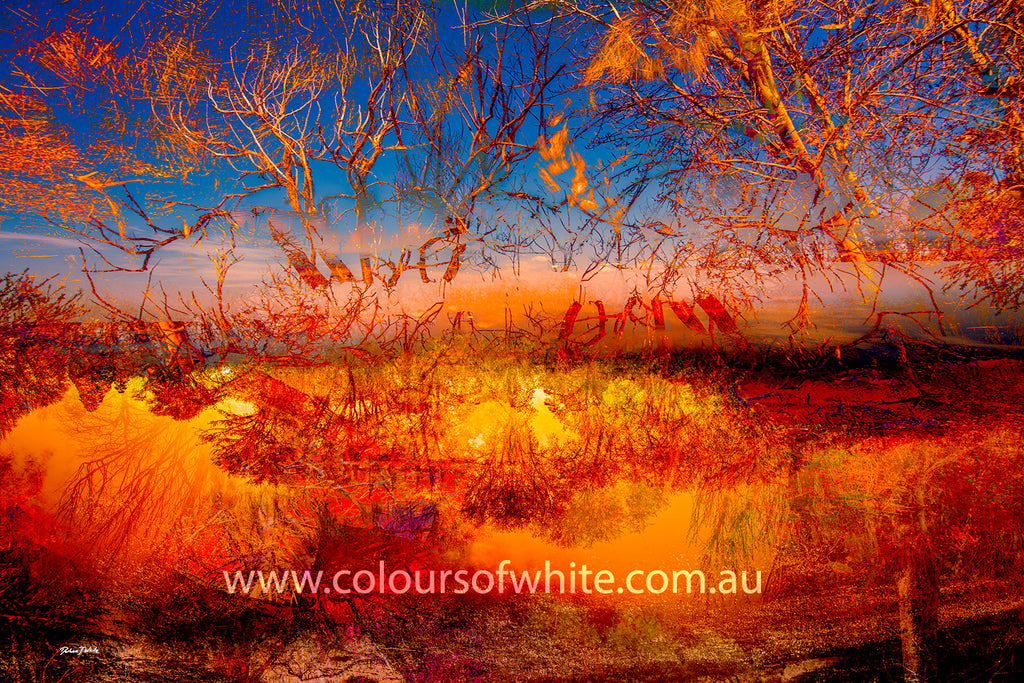 "Fire and Ice" archival canvas print by Durham J White, featuring a layered photographic artwork of the Ballarat landscape with vivid orange and amber reflections against a deep cobalt sky.
