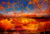 "Fire and Ice" archival canvas print by Durham J White, featuring a layered photographic artwork of the Ballarat landscape with vivid orange and amber reflections against a deep cobalt sky.