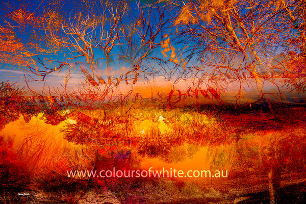 "Fire and Ice" archival canvas print by Durham J White, featuring a layered photographic artwork of the Ballarat landscape with vivid orange and amber reflections against a deep cobalt sky.
