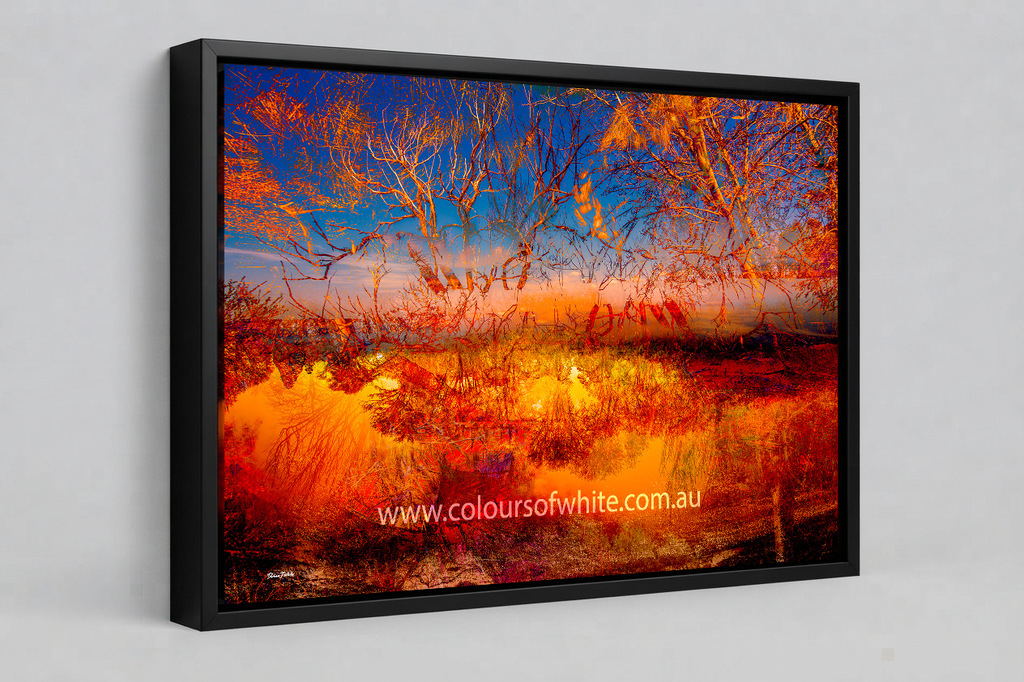 "Fire and Ice" satin black box framed archival canvas print by Durham J White, featuring a layered photographic artwork of the Ballarat landscape with vivid orange and amber reflections against a deep cobalt sky.
