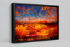"Fire and Ice" satin black box framed archival canvas print by Durham J White, featuring a layered photographic artwork of the Ballarat landscape with vivid orange and amber reflections against a deep cobalt sky.