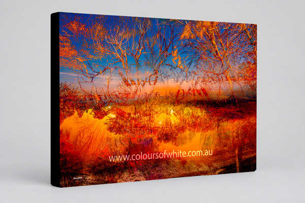"Fire and Ice" archival canvas print by Durham J White, featuring a layered photographic artwork of the Ballarat landscape with vivid orange and amber reflections against a deep cobalt sky.