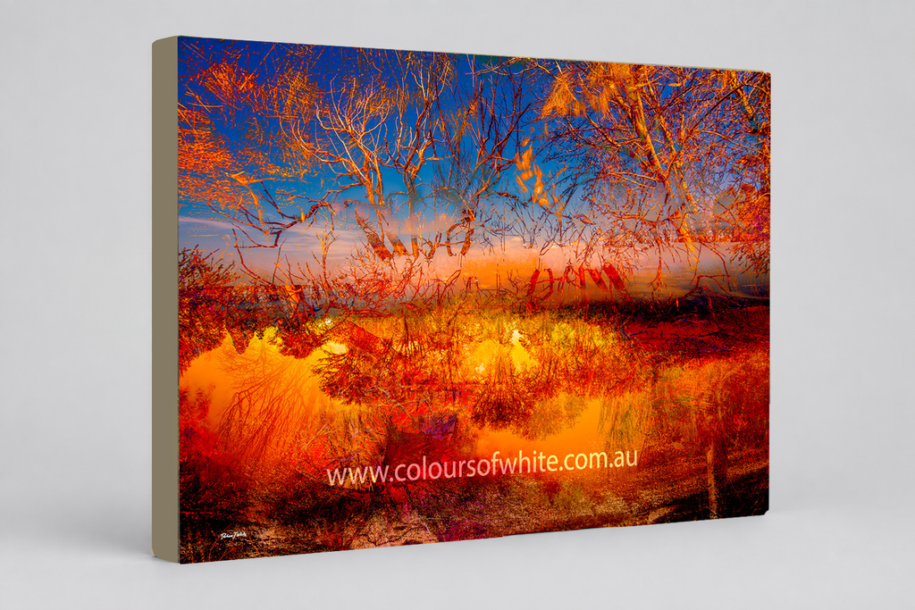 "Fire and Ice" archival canvas print by Durham J White, featuring a layered photographic artwork of the Ballarat landscape with vivid orange and amber reflections against a deep cobalt sky.