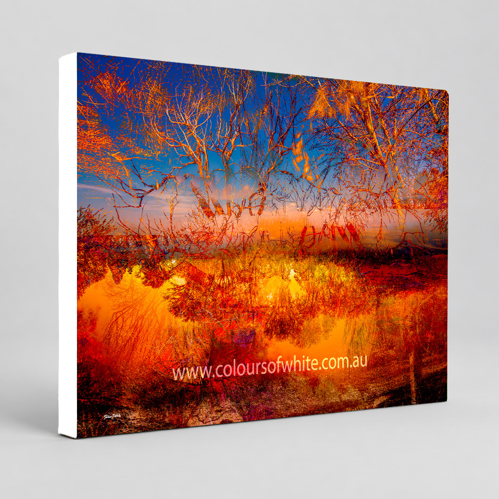 "Fire and Ice" archival canvas print by Durham J White, featuring a layered photographic artwork of the Ballarat landscape with vivid orange and amber reflections against a deep cobalt sky.