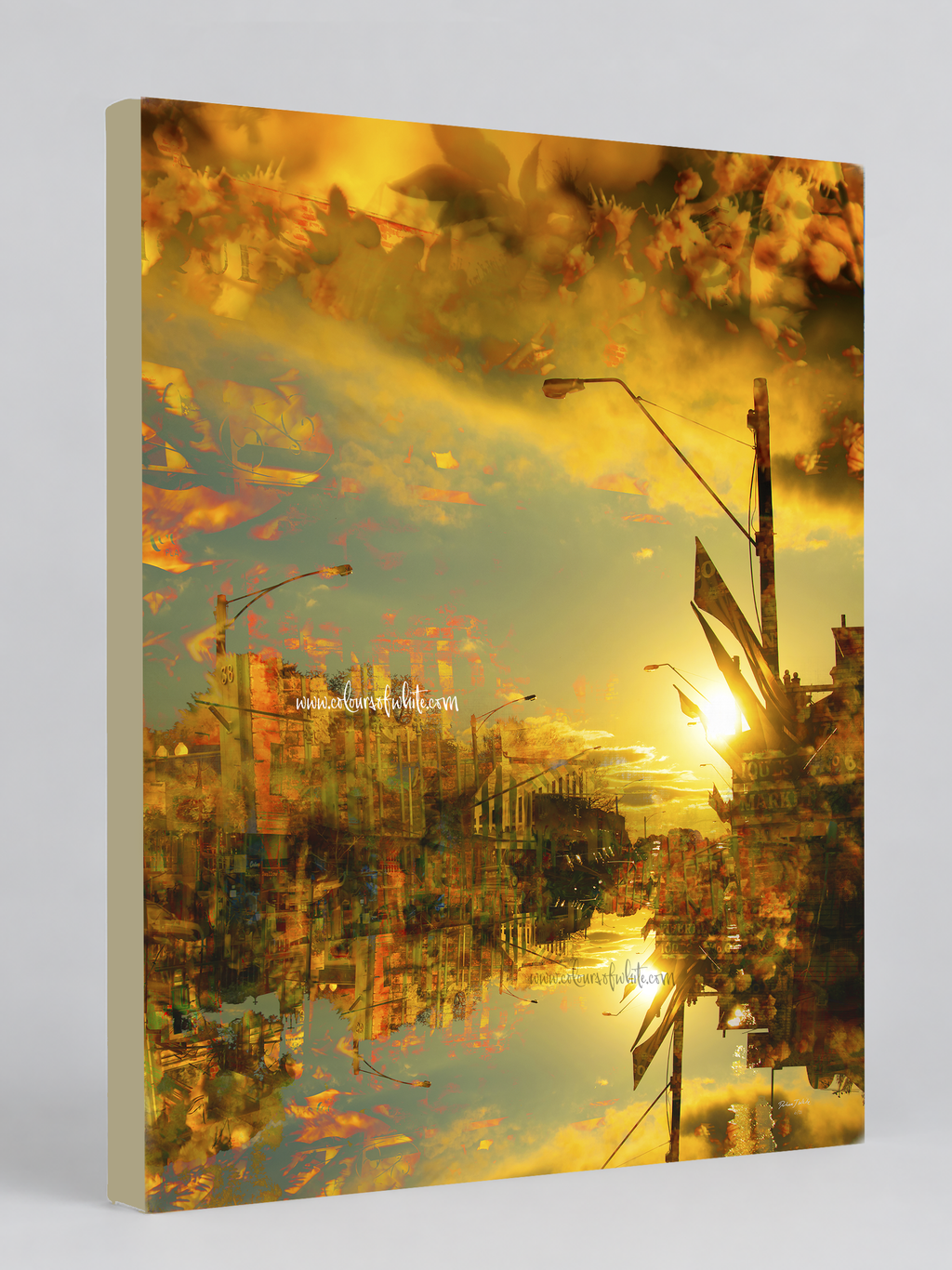 “Floating” archival canvas print by Durham J White, featuring a layered photographic artwork of Kyneton architecture reflections in radiant golden yellows, soft khakis, and rich amber tones.