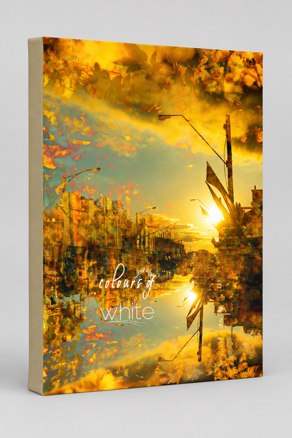 “Floating” archival canvas print by Durham J White, featuring a layered photographic artwork of Kyneton architecture reflections in radiant golden yellows, soft khakis, and rich amber tones.
