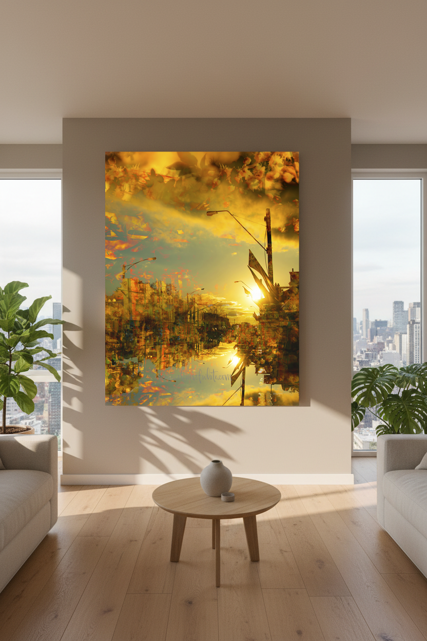 “Floating” archival canvas print by Durham J White, featuring a layered photographic artwork of Kyneton architecture reflections in radiant golden yellows, soft khakis, and rich amber tones styled in an apartment living room.