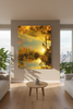 “Floating” archival canvas print by Durham J White, featuring a layered photographic artwork of Kyneton architecture reflections in radiant golden yellows, soft khakis, and rich amber tones styled in an apartment living room.