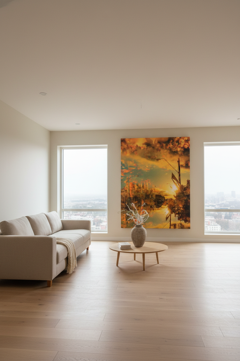 “Floating” archival canvas print by Durham J White, featuring a layered photographic artwork of Kyneton architecture reflections in radiant golden yellows, soft khakis, and rich amber tones styled in a minimal apartment living space.