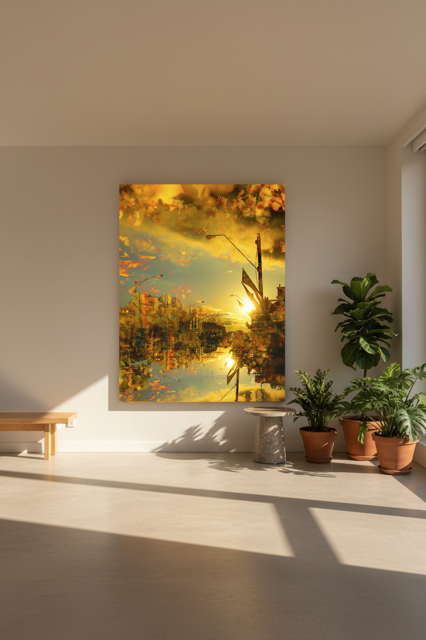 “Floating” archival canvas print by Durham J White, featuring a layered photographic artwork of Kyneton architecture reflections in radiant golden yellows, soft khakis, and rich amber tones styled in an apartment living room.