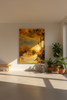 “Floating” archival canvas print by Durham J White, featuring a layered photographic artwork of Kyneton architecture reflections in radiant golden yellows, soft khakis, and rich amber tones styled in an apartment living room.