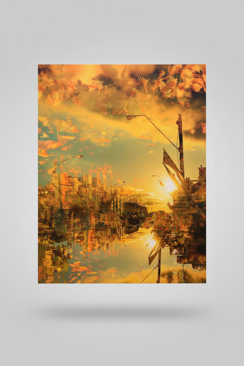 “Floating” archival canvas print by Durham J White, featuring a layered photographic artwork of Kyneton architecture reflections in radiant golden yellows, soft khakis, and rich amber tones.
