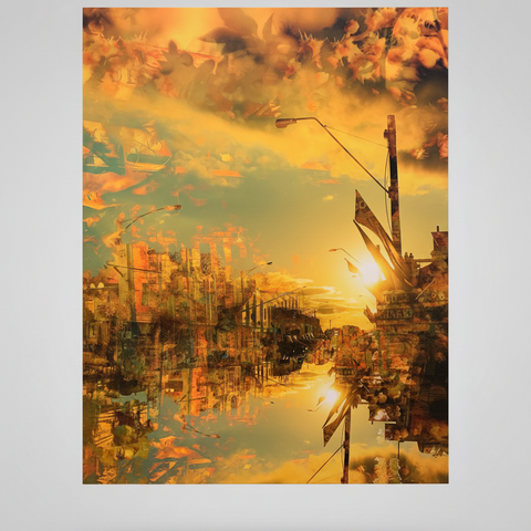 “Floating” archival canvas print by Durham J White, featuring a layered photographic artwork of Kyneton architecture reflections in radiant golden yellows, soft khakis, and rich amber tones.