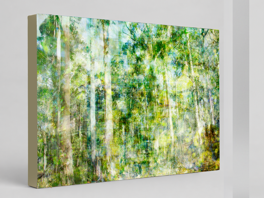 “Forest Dwelling” archival canvas print by Durham J White, featuring a layered photographic artwork of the Trentham countryside with neutral greens, warm earthy tones, and a soft painterly finish.