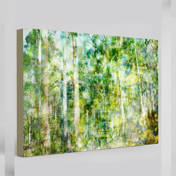 “Forest Dwelling” archival canvas print by Durham J White, featuring a layered photographic artwork of the Trentham countryside with neutral greens, warm earthy tones, and a soft painterly finish.