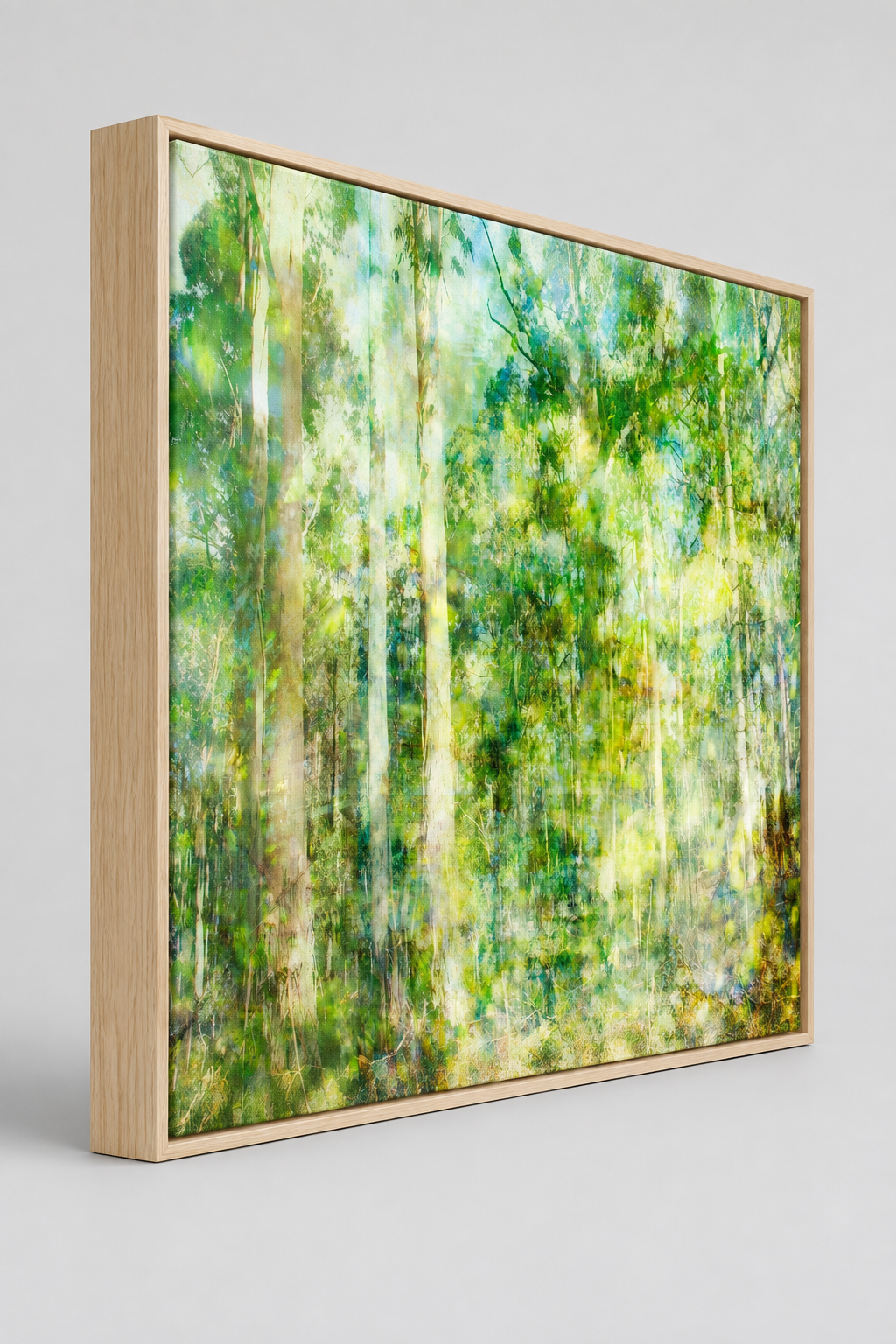 “Forest Dwelling” box framed archival canvas print by Durham J White, featuring a layered photographic artwork of the Trentham countryside with neutral greens, warm earthy tones, and a soft painterly finish.
