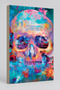 A canvas wall art featuring a skull design with a colorful background in shades of blue and pink.