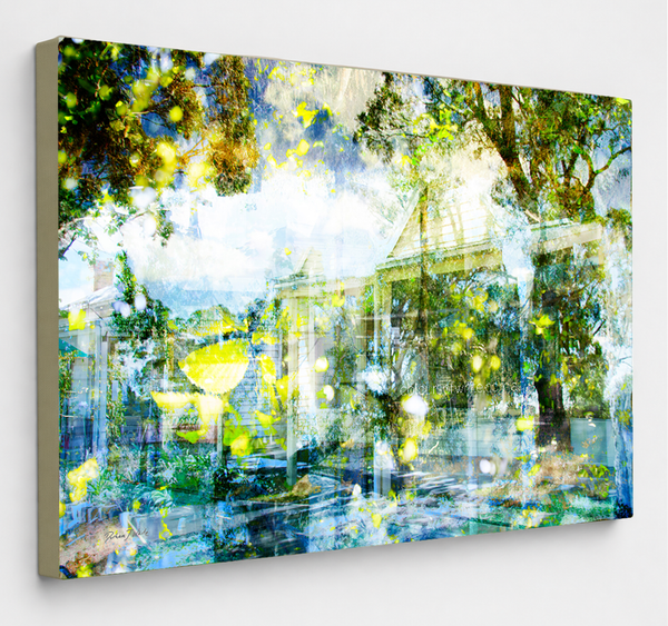 "Glisten" archival canvas print by Durham J White, featuring a layered photographic artwork of a Trentham garden with a heritage cottage, fresh sky blues, soft aqua, lime-green leaves, and dappled summer sunlight.