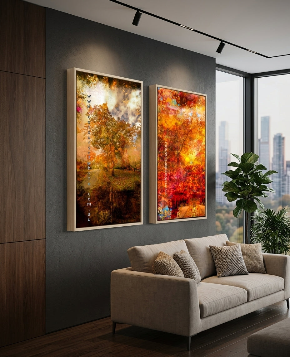 “Autumnal Fall” ChromaLuxe metal print by Durham J White, featuring a layered photographic artwork of Honour Avenue in Macedon in deep autumnal reds, blazing burnt oranges, and intense golden tones.  Featured on the right alongside "Grounded"