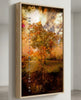 “Grounded” ash box framed ChromaLuxe metal print by Durham J White, featuring a layered photographic artwork of Honour Avenue in Macedon in saturated burnt oranges, amber tones, and radiant golden yellows.