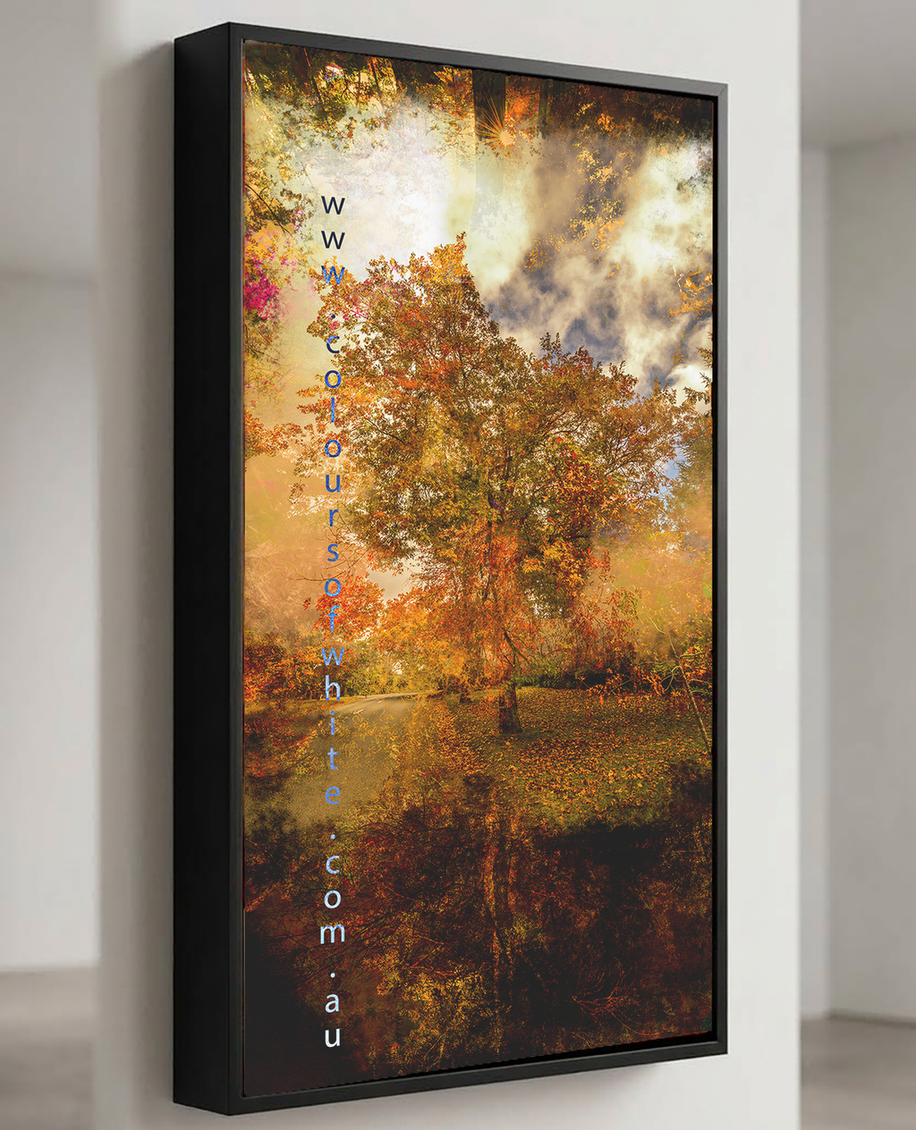 “Grounded” satin black box framed archival canvas print by Durham J White, featuring a layered photographic artwork of Honour Avenue in Macedon in saturated burnt oranges, amber tones, and a radiant golden canopy. Shown is the artwork.