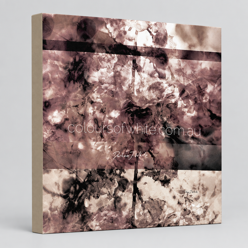 Japanese Blossoms Square Element 7” Archival canvas print by Durham J White, featuring a muted, layered abstract floral artwork in cool grey, soft cream, and shadowed plum tones.