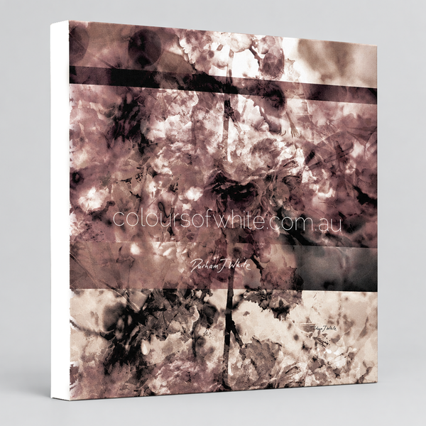 Japanese Blossoms Square Element 7” Archival canvas print by Durham J White, featuring a muted, layered abstract floral artwork in cool grey, soft cream, and shadowed plum tones.