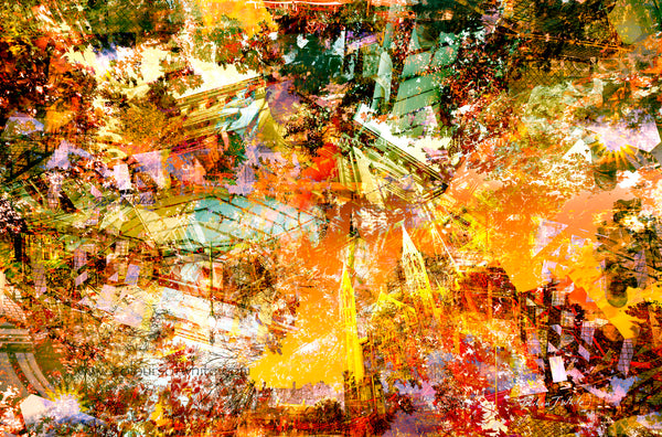 "Kaleidoscope of Views" Chromaluxe metal print by Durham J White, featuring a layered photographic artwork of Bendigo architecture with a vibrant, impressionistic swirl of warm oranges, radiant yellows, earthy greens, and monochromatic tones.