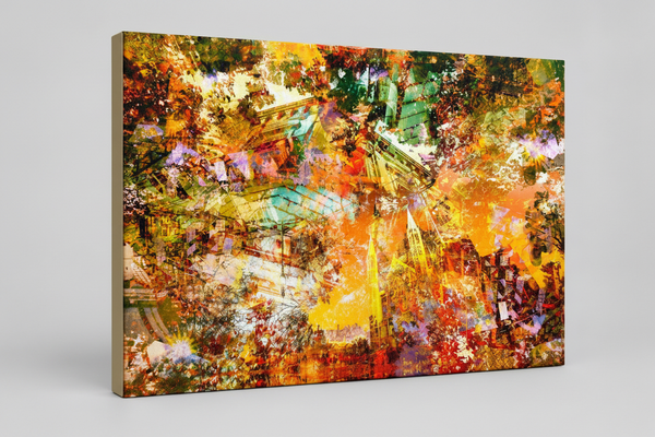 “Kaleidoscope of Views” archival canvas print by Durham J White, featuring a layered photographic artwork of Bendigo's streetscape in earthy greens, warm orange accents, and black-and-white structural elements.