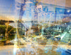 “Keeping Up a Pier Glance 2” glass framed fine art print by Durham J White, featuring a layered photographic artwork of the Mornington waterfront in luminous pastel blues, subtle lemon highlights, and warm orange accents.