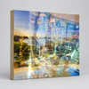 “Keeping Up a Pier Glance 2” archival canvas print by Durham J White, featuring a layered photographic artwork of the Mornington waterfront in luminous pastel blues, subtle lemon highlights, and warm orange accents.