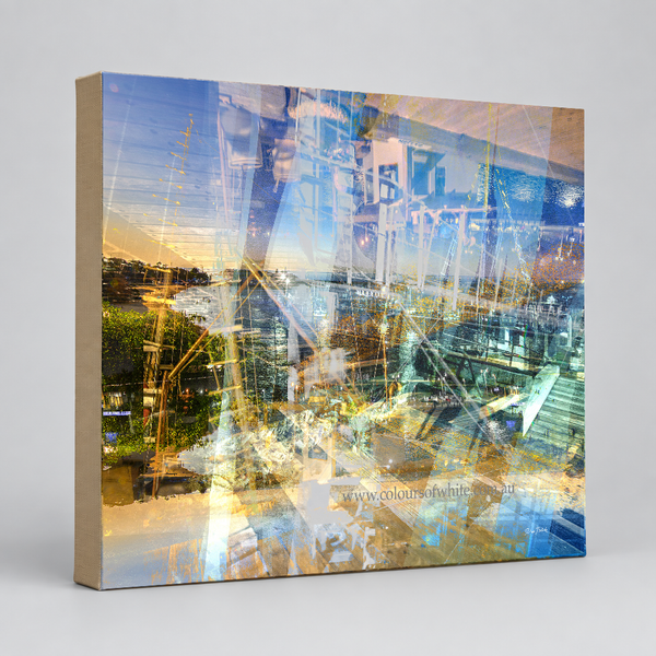 “Keeping Up a Pier Glance 2” archival canvas print by Durham J White, featuring a layered photographic artwork of the Mornington waterfront in luminous pastel blues, subtle lemon highlights, and warm orange accents.