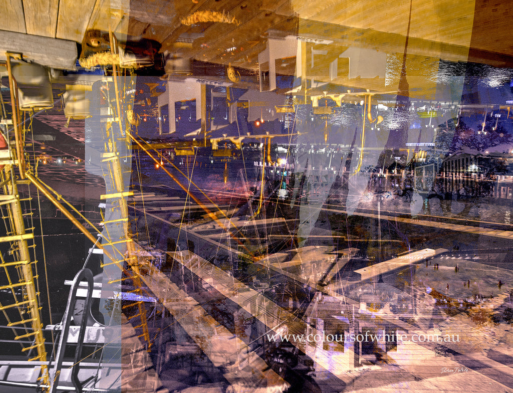 “Keeping Up a Pier Glance 3” Chromaluxe metal wall art by Durham J White, featuring a layered photographic artwork of the Mornington waterfront in deep earthy purples, sandy caramel, and yellow-brown structural accents.
