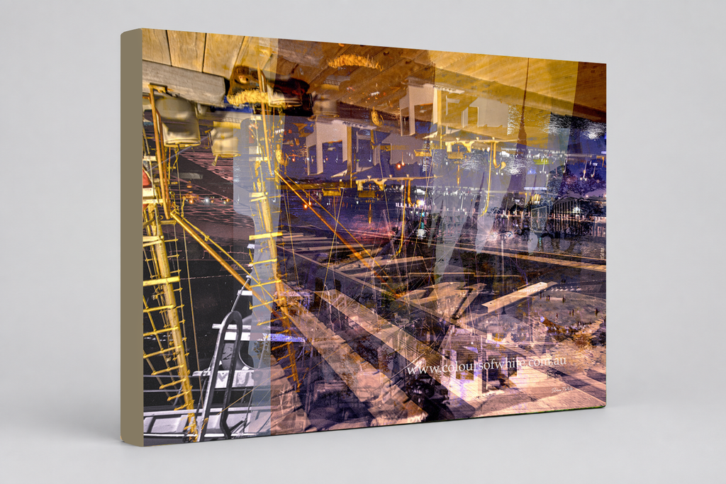 “Keeping Up a Pier Glance 3” archival canvas print by Durham J White, featuring a layered photographic artwork of the Mornington waterfront in deep earthy purples, sandy caramel, and yellow-brown structural accents.