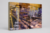 “Keeping Up a Pier Glance 3” archival canvas print by Durham J White, featuring a layered photographic artwork of the Mornington waterfront in deep earthy purples, sandy caramel, and yellow-brown structural accents.
