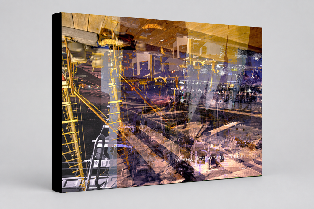 “Keeping Up a Pier Glance 3” archival canvas print by Durham J White, featuring a layered photographic artwork of the Mornington waterfront in deep earthy purples, sandy caramel, and yellow-brown structural accents.