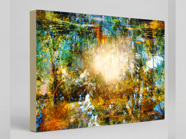 "Komorebi: Burnt Autumn Glow" archival canvas print by Durham J White, featuring a layered photographic artwork of sunlight blazing through an autumn forest canopy near Trentham, Victoria, in burnt amber, deep forest greens, and teal tones.