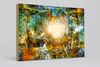 "Komorebi: Burnt Autumn Glow" archival canvas print by Durham J White, featuring a layered photographic artwork of sunlight blazing through an autumn forest canopy near Trentham, Victoria, in burnt amber, deep forest greens, and teal tones.