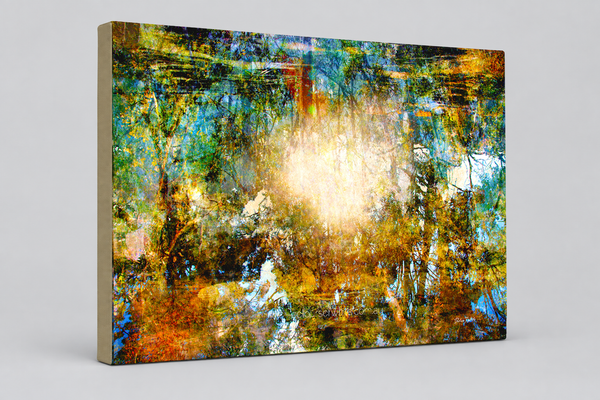 "Komorebi: Burnt Autumn Glow" archival canvas print by Durham J White, featuring a layered photographic artwork of sunlight blazing through an autumn forest canopy near Trentham, Victoria, in burnt amber, deep forest greens, and teal tones.