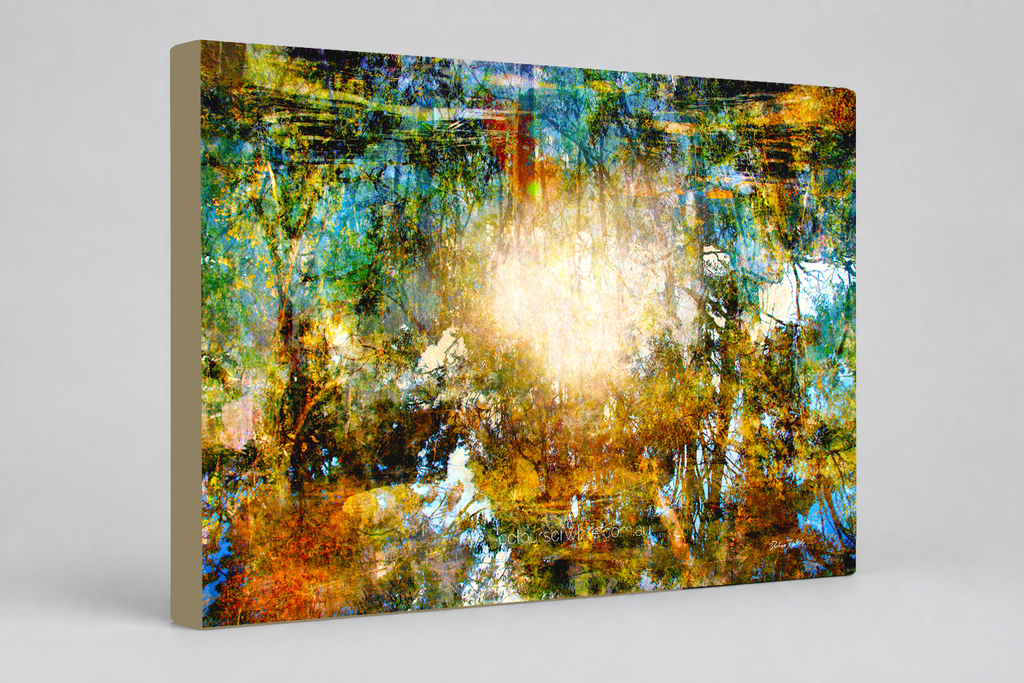 "Komorebi: Burnt Autumn Glow" archival canvas print by Durham J White, featuring a layered photographic artwork of sunlight blazing through an autumn forest canopy near Trentham, Victoria, in burnt amber, deep forest greens, and teal tones.