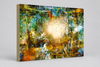 "Komorebi: Burnt Autumn Glow" archival canvas print by Durham J White, featuring a layered photographic artwork of sunlight blazing through an autumn forest canopy near Trentham, Victoria, in burnt amber, deep forest greens, and teal tones.