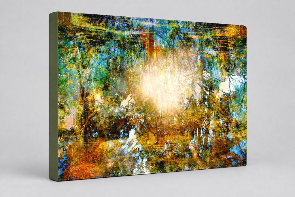 "Komorebi: Burnt Autumn Glow" archival canvas print by Durham J White, featuring a layered photographic artwork of sunlight blazing through an autumn forest canopy near Trentham, Victoria, in burnt amber, deep forest greens, and teal tones.