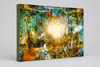 "Komorebi: Burnt Autumn Glow" archival canvas print by Durham J White, featuring a layered photographic artwork of sunlight blazing through an autumn forest canopy near Trentham, Victoria, in burnt amber, deep forest greens, and teal tones.