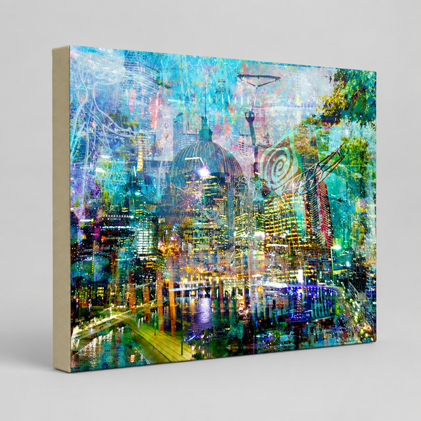 “Melbourne by Day” archival canvas print by Durham J White, featuring a layered photographic artwork of iconic Melbourne landmarks, including Flinders Street Station, Southbank, and the Yarra River bathed in luminous daylight.