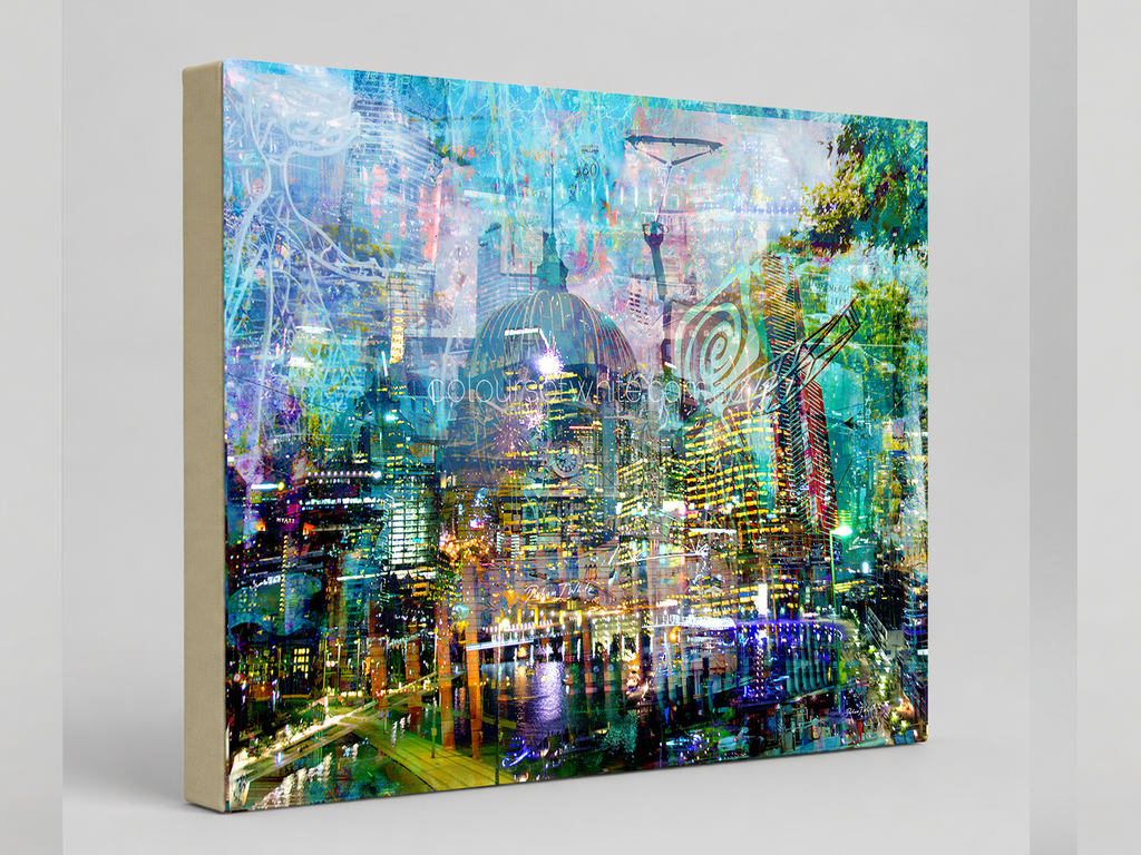 “Melbourne by Day” archival canvas print by Durham J White, featuring a layered photographic artwork of iconic Melbourne landmarks, including Flinders Street Station, Southbank, and the Yarra River bathed in luminous daylight.