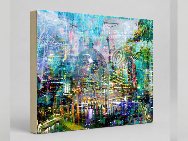 “Melbourne by Day” archival canvas print by Durham J White, featuring a layered photographic artwork of iconic Melbourne landmarks, including Flinders Street Station, Southbank, and the Yarra River bathed in luminous daylight.