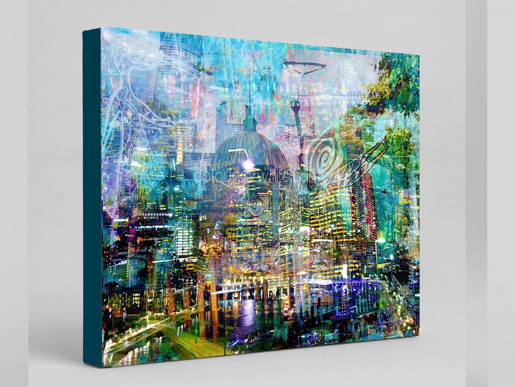 “Melbourne by Day” archival canvas print by Durham J White, featuring a layered photographic artwork of iconic Melbourne landmarks, including Flinders Street Station, Southbank, and the Yarra River bathed in luminous daylight.