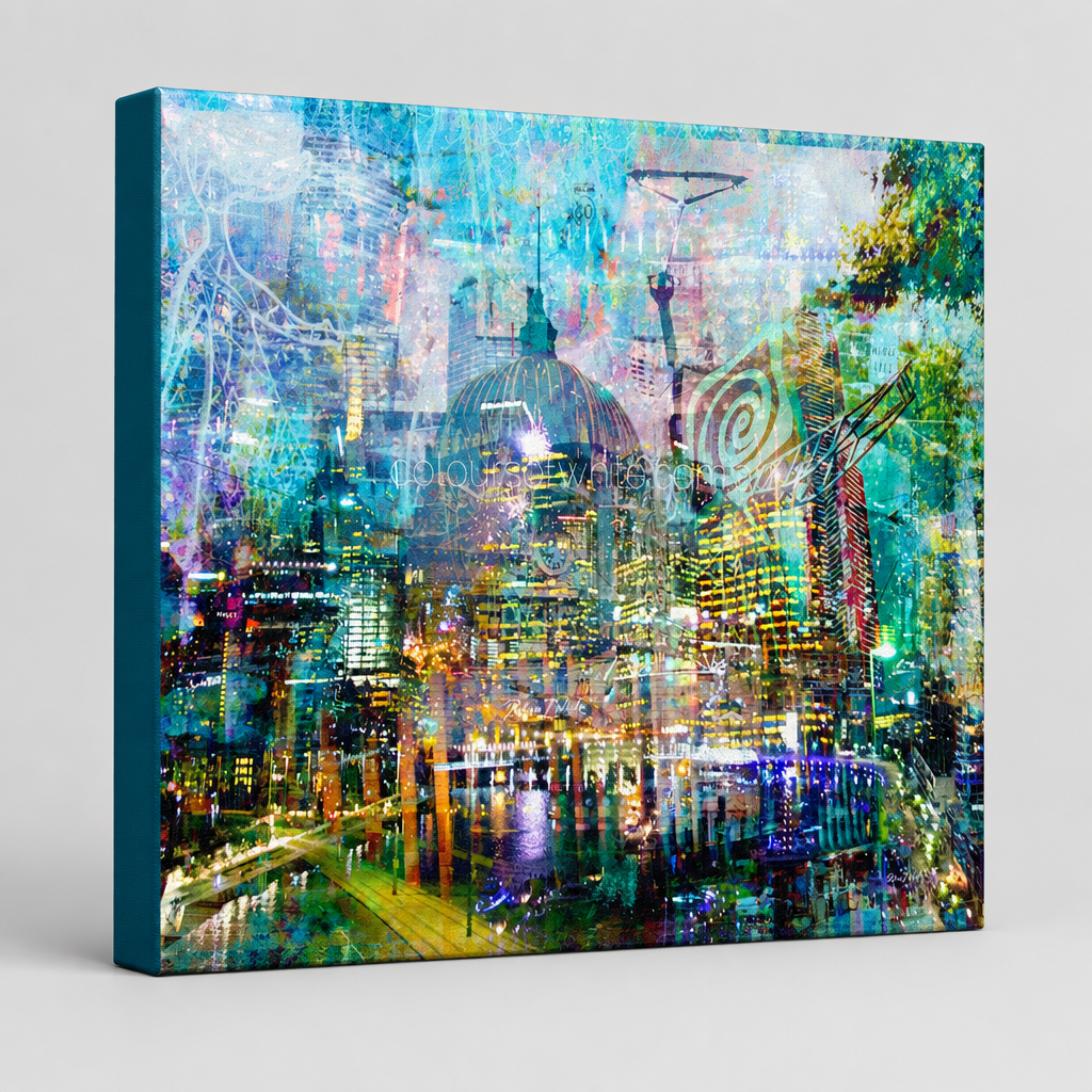 “Melbourne by Day” archival canvas print by Durham J White, featuring a layered photographic artwork of iconic Melbourne landmarks, including Flinders Street Station, Southbank, and the Yarra River bathed in luminous daylight.