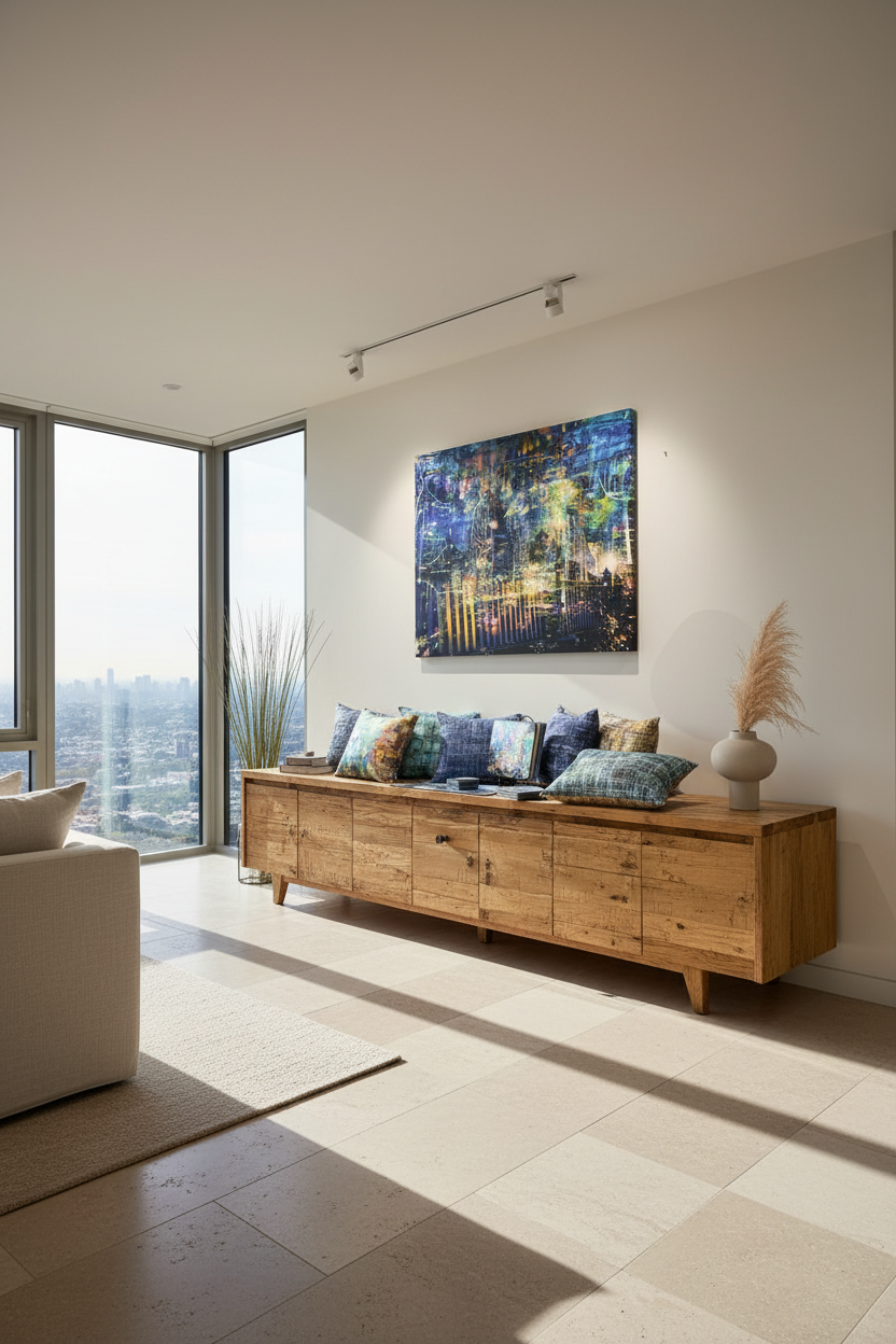 "Melbourne by Night" archival canvas print by Durham J White, shown in a modern living room interior setting above a wooden console table.
